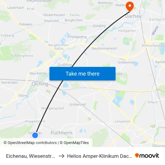 Eichenau, Wiesenstraße to Helios Amper-Klinikum Dachau map