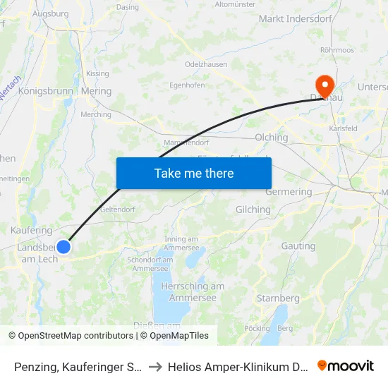 Penzing, Kauferinger Straße to Helios Amper-Klinikum Dachau map