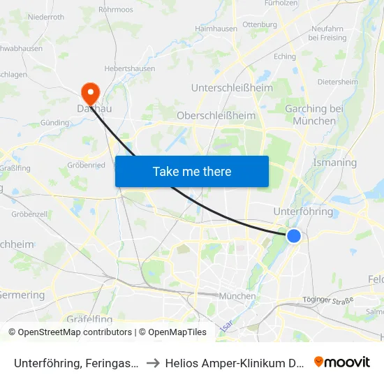 Unterföhring, Feringastraße to Helios Amper-Klinikum Dachau map