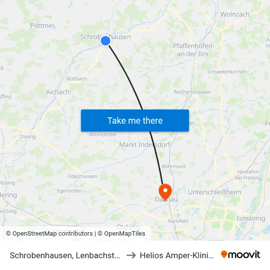 Schrobenhausen, Lenbachstraße (Stadtmitte) to Helios Amper-Klinikum Dachau map