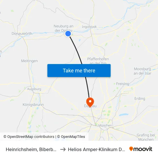 Heinrichsheim, Biberbrücke to Helios Amper-Klinikum Dachau map