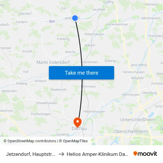 Jetzendorf, Hauptstraße to Helios Amper-Klinikum Dachau map