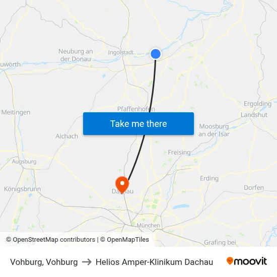 Vohburg, Vohburg to Helios Amper-Klinikum Dachau map