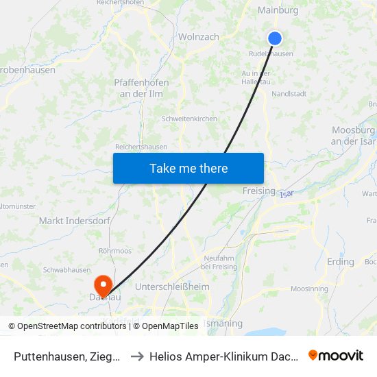 Puttenhausen, Ziegelei to Helios Amper-Klinikum Dachau map