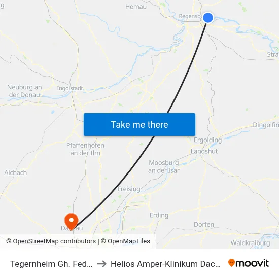 Tegernheim Gh. Federl to Helios Amper-Klinikum Dachau map