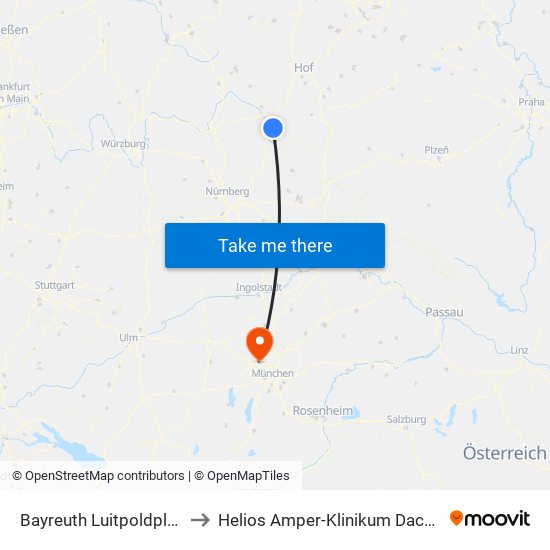 Bayreuth Luitpoldplatz to Helios Amper-Klinikum Dachau map