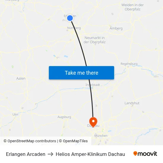Erlangen Arcaden to Helios Amper-Klinikum Dachau map