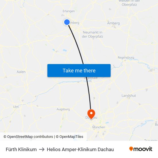 Fürth Klinikum to Helios Amper-Klinikum Dachau map