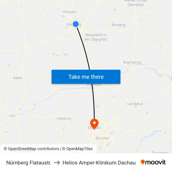 Nürnberg Flataustr. to Helios Amper-Klinikum Dachau map