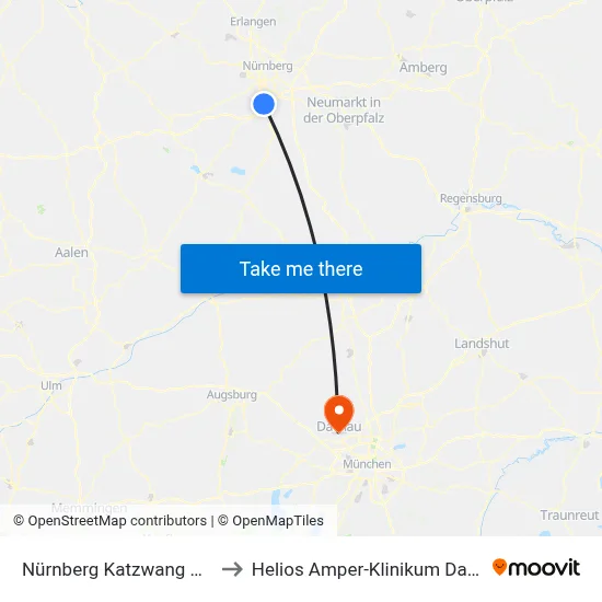 Nürnberg Katzwang Mitte to Helios Amper-Klinikum Dachau map