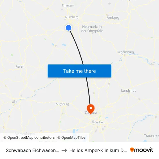 Schwabach Eichwasen Nord to Helios Amper-Klinikum Dachau map