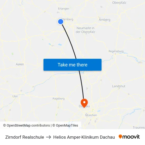 Zirndorf Realschule to Helios Amper-Klinikum Dachau map