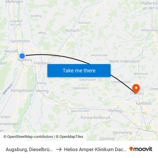 Augsburg, Dieselbrücke to Helios Amper-Klinikum Dachau map