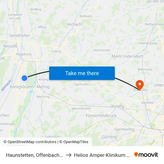 Haunstetten, Offenbach Karree to Helios Amper-Klinikum Dachau map