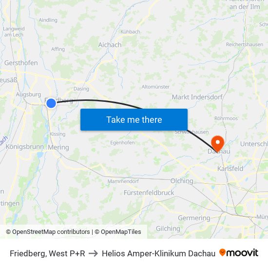 Friedberg, West P+R to Helios Amper-Klinikum Dachau map