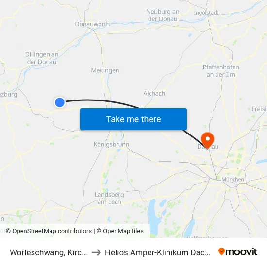 Wörleschwang, Kirche to Helios Amper-Klinikum Dachau map