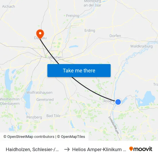 Haidholzen, Schlesier-/Wald-Str. to Helios Amper-Klinikum Dachau map