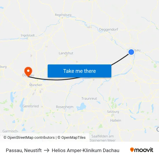 Passau, Neustift to Helios Amper-Klinikum Dachau map