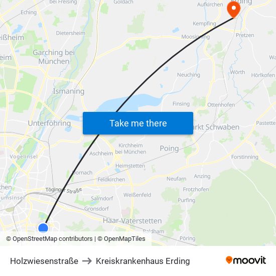 Holzwiesenstraße to Kreiskrankenhaus Erding map