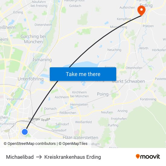 Michaelibad to Kreiskrankenhaus Erding map