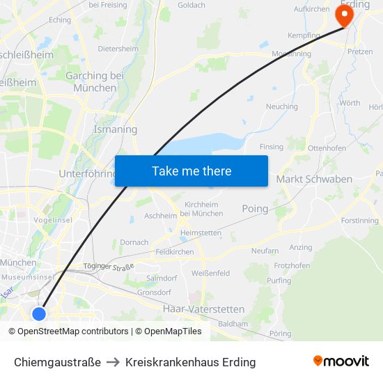 Chiemgaustraße to Kreiskrankenhaus Erding map