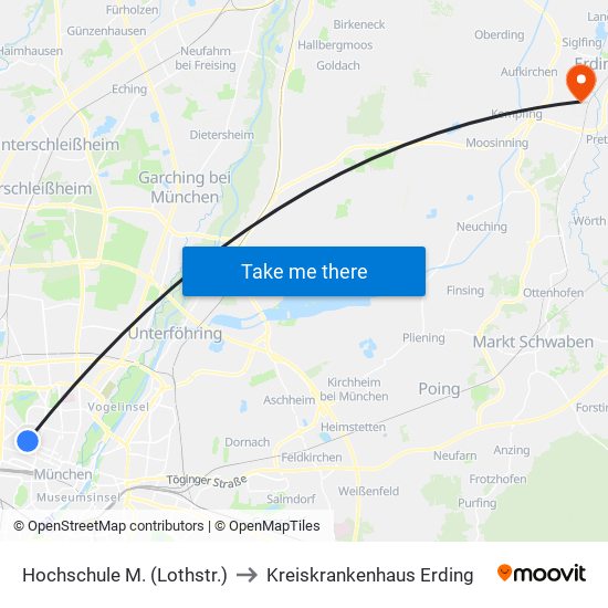 Hochschule M. (Lothstr.) to Kreiskrankenhaus Erding map