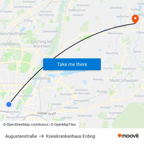 Augustenstraße to Kreiskrankenhaus Erding map