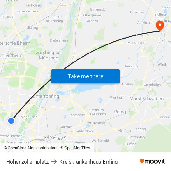 Hohenzollernplatz to Kreiskrankenhaus Erding map