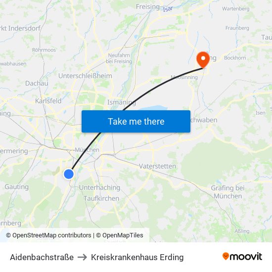 Aidenbachstraße to Kreiskrankenhaus Erding map