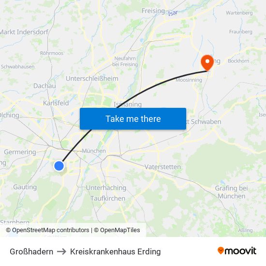 Großhadern to Kreiskrankenhaus Erding map