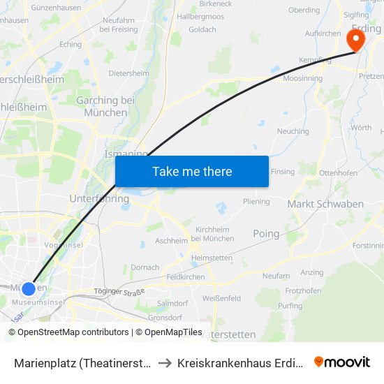 Marienplatz (Theatinerstr.) to Kreiskrankenhaus Erding map