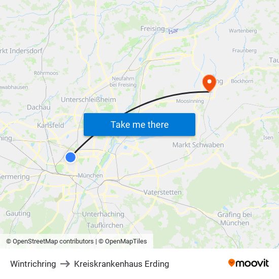 Wintrichring to Kreiskrankenhaus Erding map