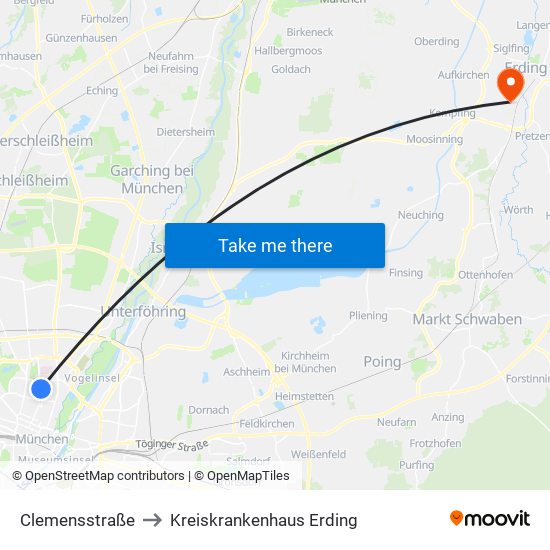 Clemensstraße to Kreiskrankenhaus Erding map