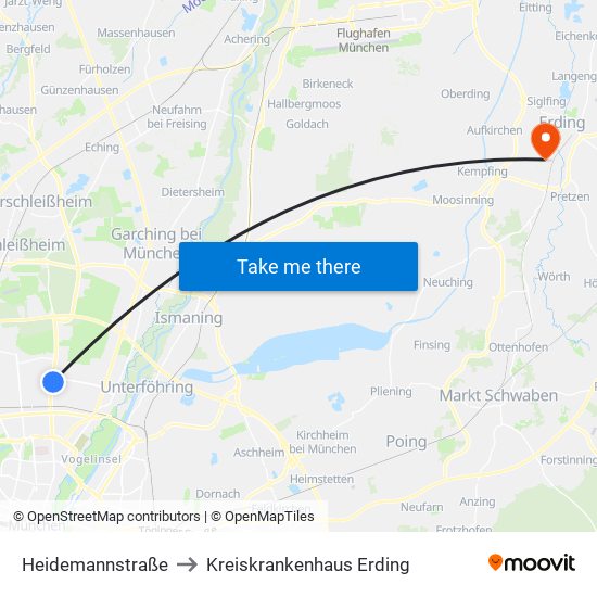 Heidemannstraße to Kreiskrankenhaus Erding map