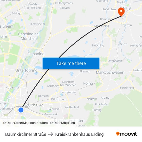 Baumkirchner Straße to Kreiskrankenhaus Erding map