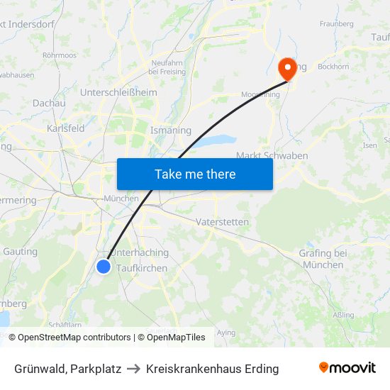 Grünwald, Parkplatz to Kreiskrankenhaus Erding map