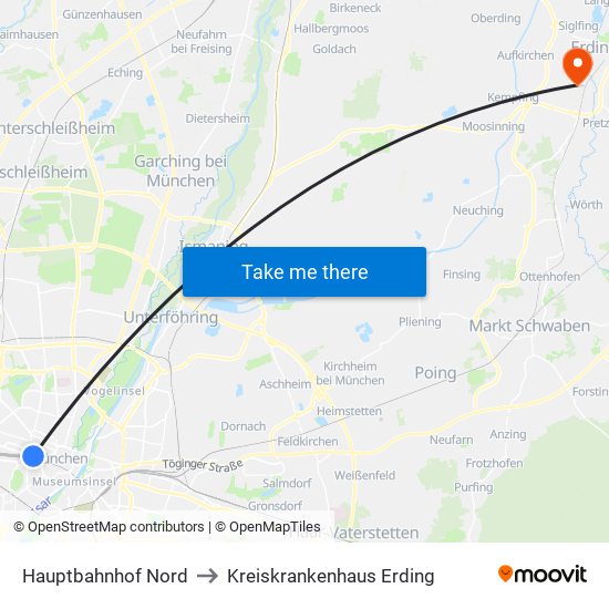 Hauptbahnhof Nord to Kreiskrankenhaus Erding map