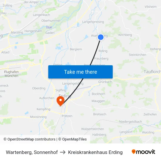 Wartenberg, Sonnenhof to Kreiskrankenhaus Erding map