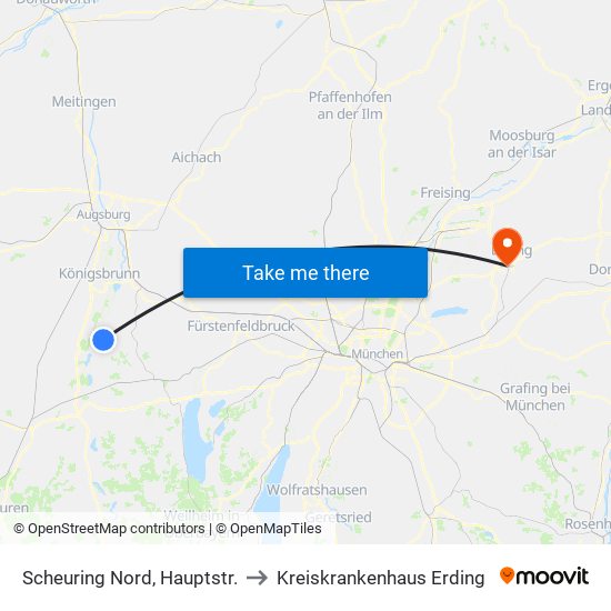 Scheuring Nord, Hauptstr. to Kreiskrankenhaus Erding map