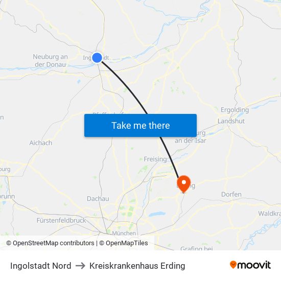 Ingolstadt Nord to Kreiskrankenhaus Erding map