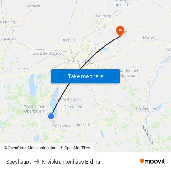 Seeshaupt to Kreiskrankenhaus Erding map