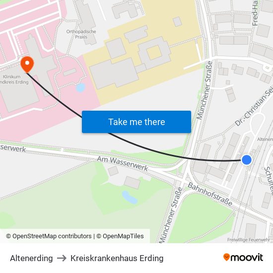 Altenerding to Kreiskrankenhaus Erding map