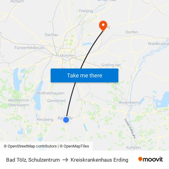 Bad Tölz, Schulzentrum to Kreiskrankenhaus Erding map