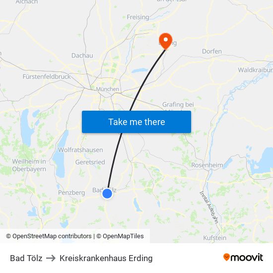 Bad Tölz to Kreiskrankenhaus Erding map