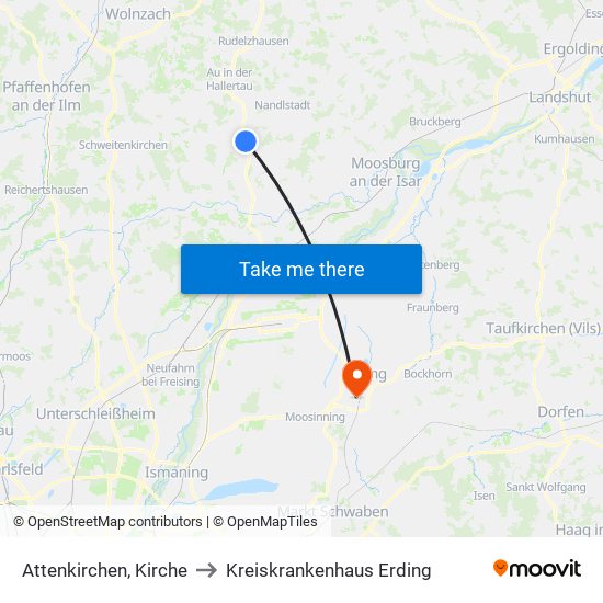 Attenkirchen, Kirche to Kreiskrankenhaus Erding map