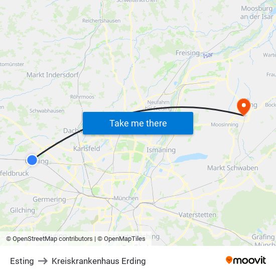 Esting to Kreiskrankenhaus Erding map