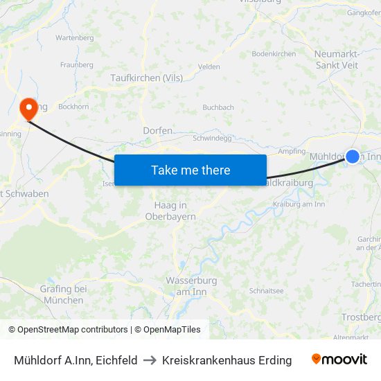 Mühldorf A.Inn, Eichfeld to Kreiskrankenhaus Erding map