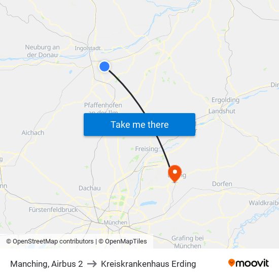 Manching, Airbus 2 to Kreiskrankenhaus Erding map