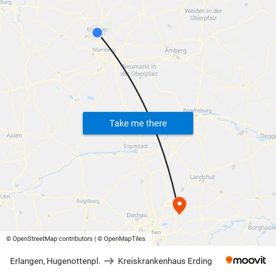 Erlangen, Hugenottenpl. to Kreiskrankenhaus Erding map