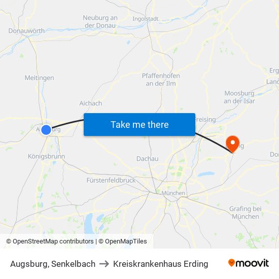 Augsburg, Senkelbach to Kreiskrankenhaus Erding map